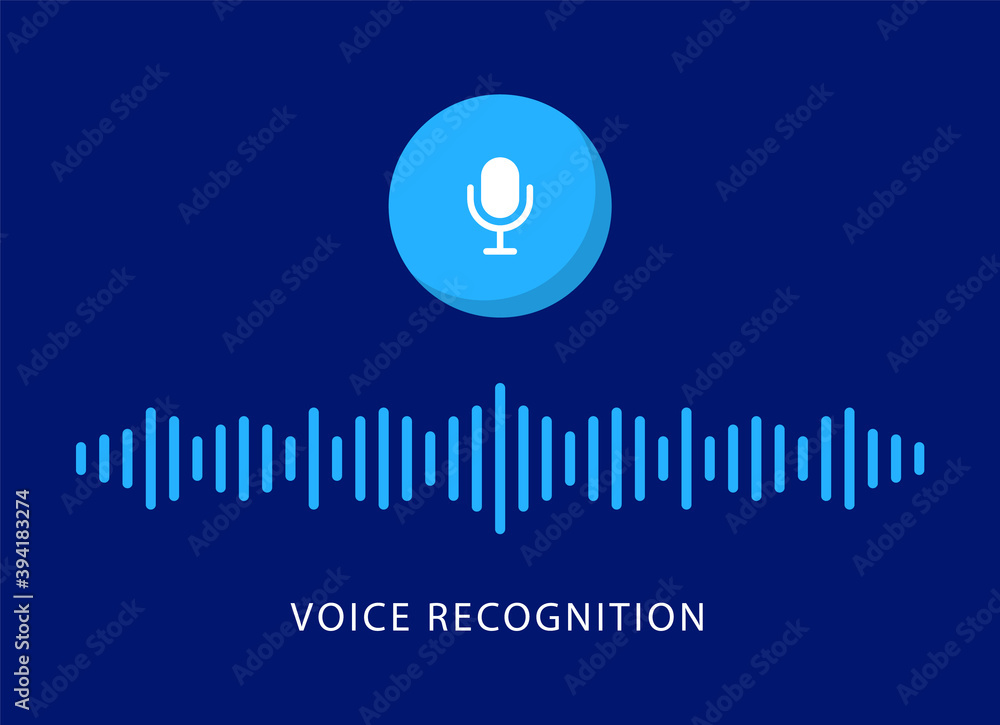 Poster personal voice assistant. voice recognition. sound waves and microphone button. smart technology.