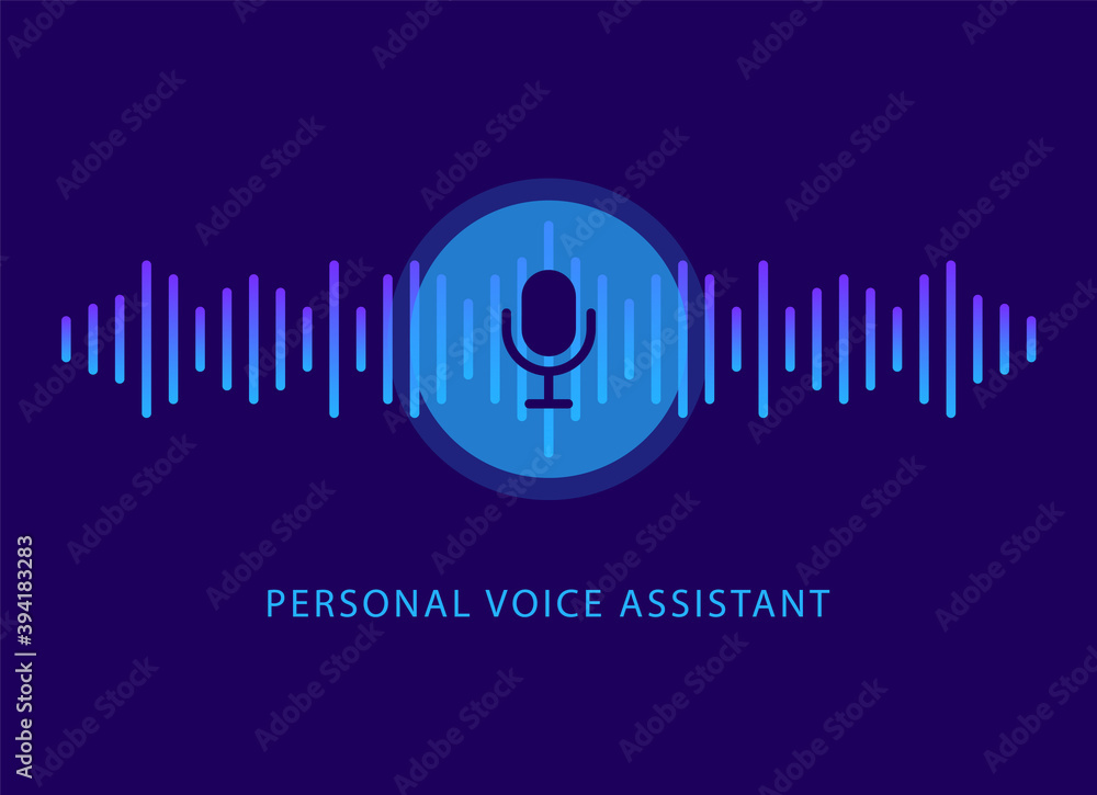 Poster personal voice assistant. voice recognition. sound waves and microphone button. smart technology.