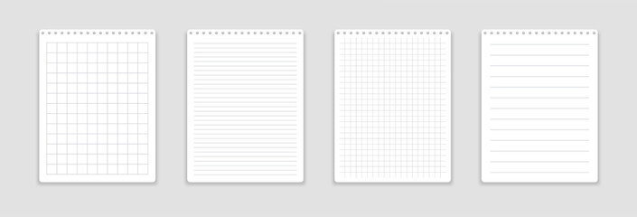 Realistic notebook with squared and line sheets. Set of paper sheets.