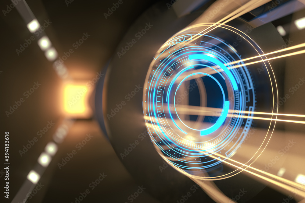 Poster dark tunnel with glowing hud elements, 3d rendering.