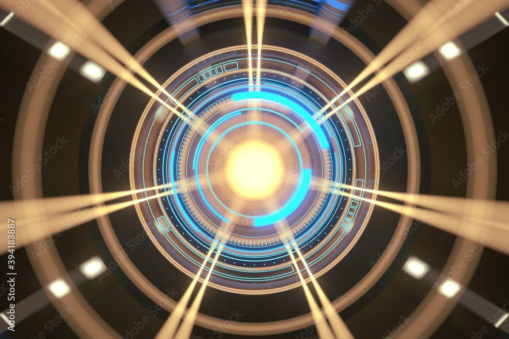 Poster dark tunnel with glowing hud elements, 3d rendering.