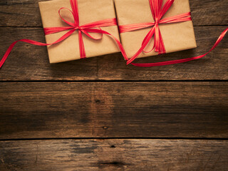 Christmas gift boxes on wood background
