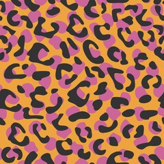 Seamless vector leopard pattern design, animal black, pink and yellow tile print background