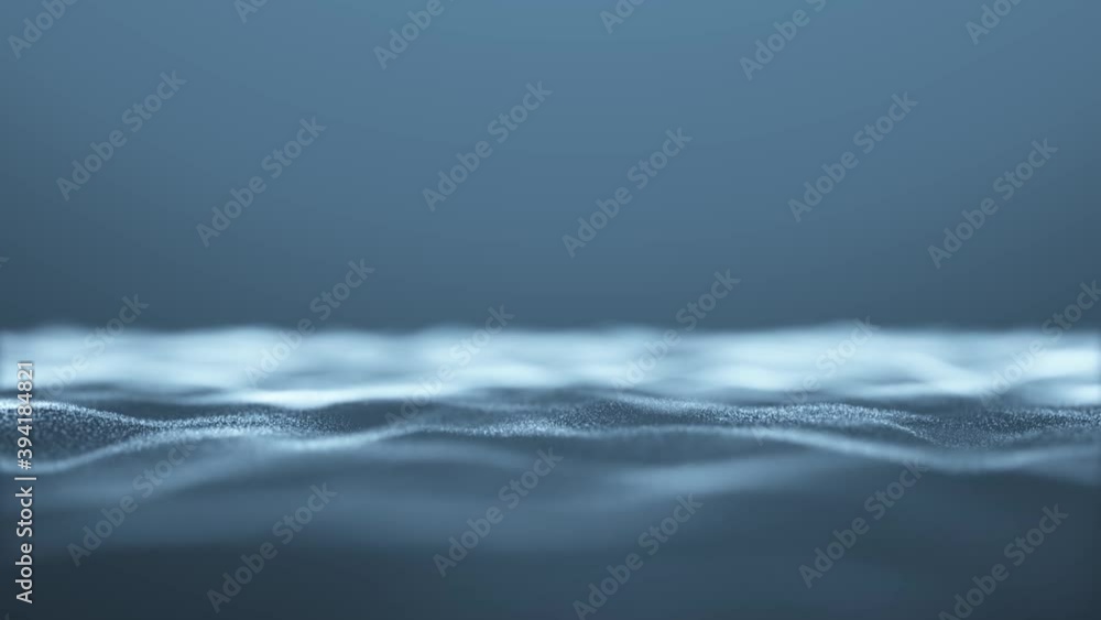 Poster magic blurry shiny dots slowly waving on blue bright copy space background. abstract waves loop anim