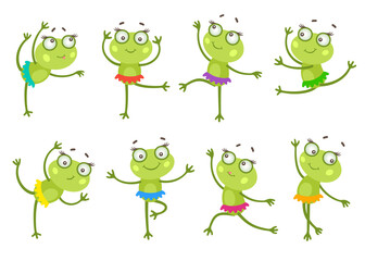 Obraz premium Set of dancing frogs. Cartoon character, happy and smiling animal. Nice for storyboard, posing, diet food, fitness and dancing club. Big eyes, long legs, good flexibility, green skin, colorful skirts