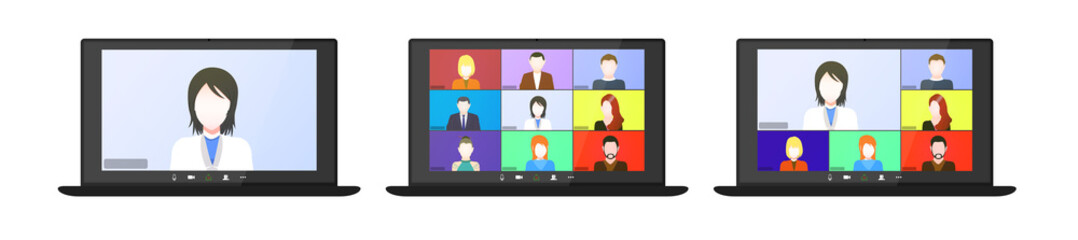 Set Video conference on the laptop screen. Beautiful avatars for profiles. Illustrations flat design concept video conference. online meeting work form home. Home education, distance learning. Vector