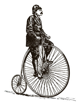 Cyclist from the 19th century riding antique high wheel bicycle
