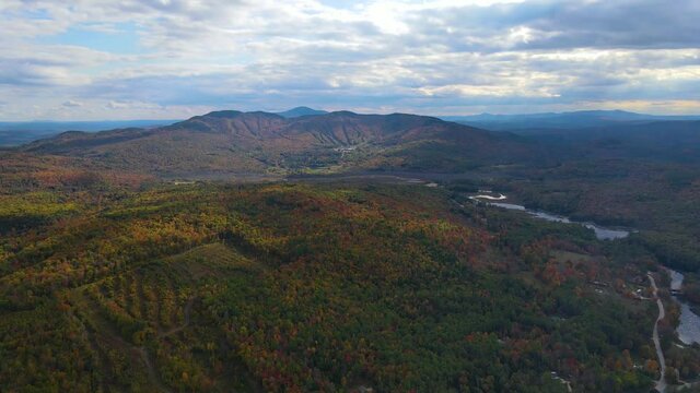 Ragged Mountain Resort and ski area aerial view with fall foliage in town of Danbury, New Hampshire NH, USA. 