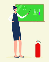 Professor giving chemistry lessons. Isolated teacher writing explanation to chemical elements molecule structure. Scientist in laboratory working on project. Chemist in lab, vector in flat style