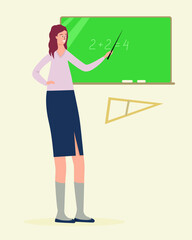 woman is teacher.  Teacher standing near the board point at equation and explaining it. Young man listening coacher in the training class. Cartoon characters.