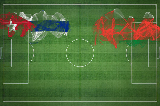 Cuba vs Oman Soccer Match, national colors, national flags, soccer field, football game, Copy space