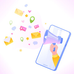 Hand holding megaphone through smartphone screen. Social media and digital marketing concept, vector illustration
