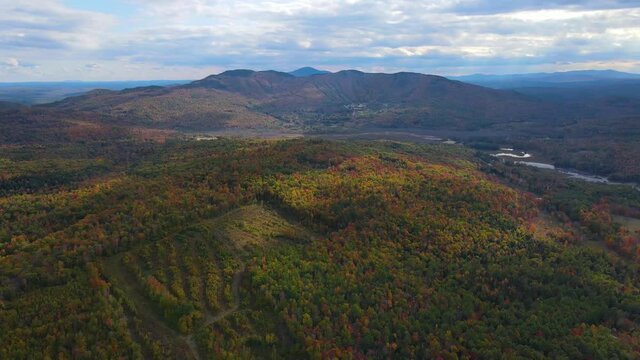 Ragged Mountain Resort and ski area aerial view with fall foliage in town of Danbury, New Hampshire NH, USA. 