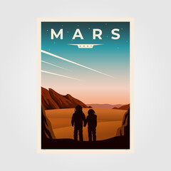 mars fantastic poster background illustration, astronaut couples space vintage poster illustration design