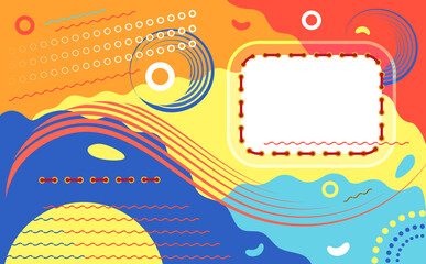 Modern geometric design for posters, postcards, invitations, notebooks, notebook covers. Trendy visual style. Colorful liquid and waves, with dots, stitches, circles, new memphis elements, copy space