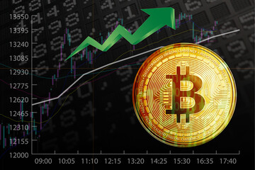 Börse Symbole mit steigendem Markt und Bitcoin