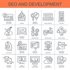 Seo and development. Set of vector, linear, flat icons. The set contains icons such as domain, hosting, social media and others.