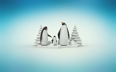 Obraz premium Low poly penguin family with christmas tree 3d render illustration on blue background