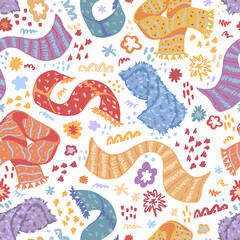 Warm scarves flat hand drawn vector seamless pattern. Colorful background in scandinavian style. Cozy winter accessories wallpaper. Abstract design for prints, decor, wrap, fabric, textile, postcard.