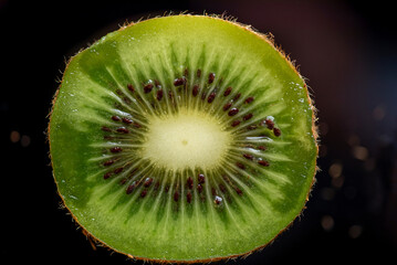Ripe cut kiwi close-up on a dark background.
