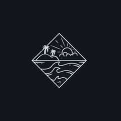 tropical island with sun and clouds mono line style vector illustration.