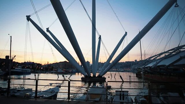Video clip of Old Cirt Port harbor in Genova,filmed at sunset in summer.Beautiful marina area of Ligurian Sea Coast in Genoa,Italia.Popular travel destination in Liguria region of Italy