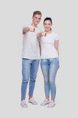 Couple Pointing to Camera Standing Isolated. Man and Woman Pointing, Lovers, Friends, Couple Concept