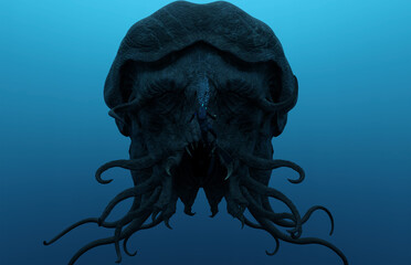3d illustration of a Deep Sea Diver facing a huge monster/aquatic creature/alien