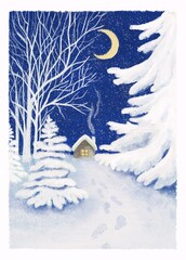 Winter night in a Forrest with snow and moon in the sky.  Retro Ukrainian style. The footprints in snow are leading to the house in the background.