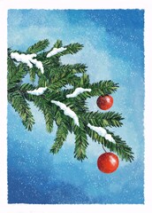 Christmas tree branches covered in snow with two red balls. Retro Christmas postcard.