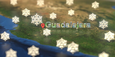 Snowy weather icons near Guadalajara city on the map, weather forecast related 3D rendering
