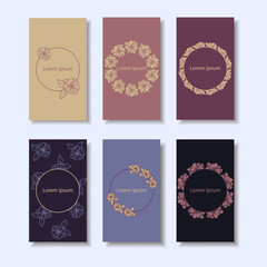 Set of six minimalist style business cards with delicate floral elements. Vector design template for cards, invitations, posters, covers.