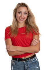 Portrait of a cute teenage girl in red tshirt over white
