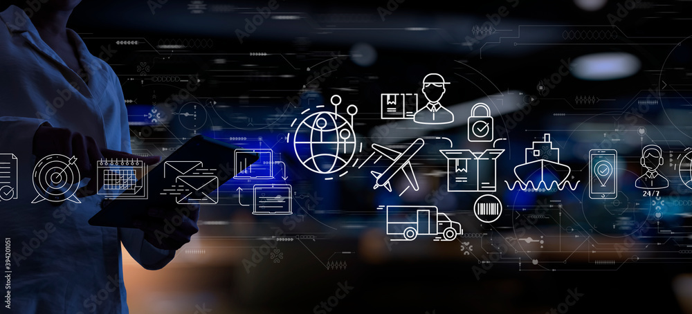 Poster businesswoman hand using digital tablet computer of global logistics network distribution and transp