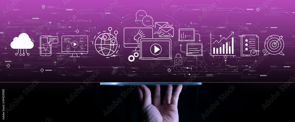 Poster Digital marketing with person hand using a digital tablet computer on dark violet background.