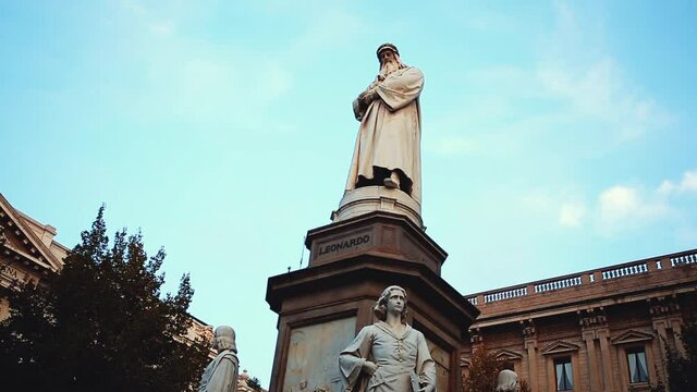 Monument of Leonardo da Vinci in center of Milan,Italy. Statue of the most famous painter & scientis of Italia place in center of Milano city, Lombardia