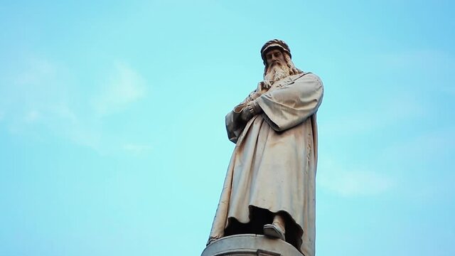 Monument of Leonardo da Vinci in center of Milan,Italy. Statue of the most famous painter & scientis of Italia place in center of Milano city, Lombardia