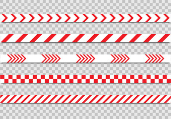 Caution and danger tapes on transparent background. Not cross security line. White and red line striped. Abstract warning lines for police, accident, under construction. Vector illustration