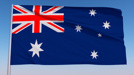 Realistic Waving Australia Flag In The Wind With Pole On Clear Blue Sky 3D Rendering