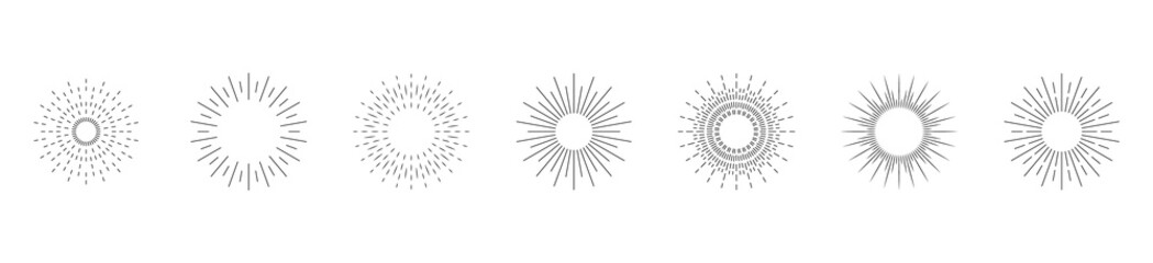 Sunburst set. Collection of bursting rays sunrise firework starburst burst for logotype, emblem, logo, tag, stamp, banner. Vector 