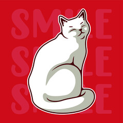 Cartoon Character Of Happy Smiley White Cat Sitting From Side With Smile Text in Background Vector Illustration - Vector