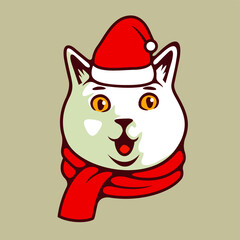 Happy Cute Cat Face In Red Christmas Hat And Scarf, For Card Or Poster. New Year's and Christmas Vector Illustration - Vector