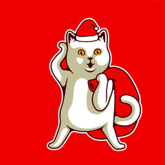 Obraz premium White Fat Cat Acts To Be Santa Claus Wearing Red Hat, With Huge Red Bag With Presents For Christmas And New Year Posters, Gift Tags And Labels. Meowy Catmas Cartoon Vector Illustration - Vector