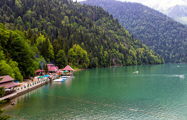 Pleasure boats on a mountain lake.