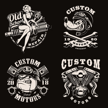 A set of black and white vintage biker emblems on dark background
