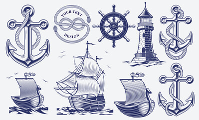 A set of black and white vintage nautical illustrations isolated on white background