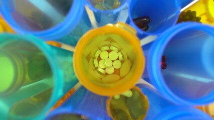 Macro shot of various pills, relive and treatment symptom concept, painkiller, placebo. Clinical...