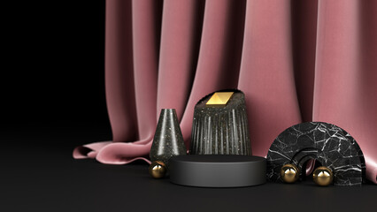 Geometric object Black with black and gold marble material and clear glass With a stand for product display Pink cloth backdrop and black background 3d rendering