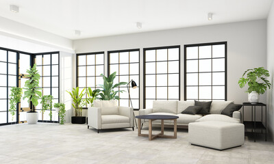 Interior concept of memphis design, grey fabric Armchair and sofa set surrounding by green plant on black frame window and sunlight 3d rendering