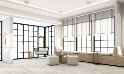 Deurstickers Living area in modern office have wooden texture bay windows seating and white wall decoration by geometric form and book shelf with concrete floor 3d rendering © Jokiewalker